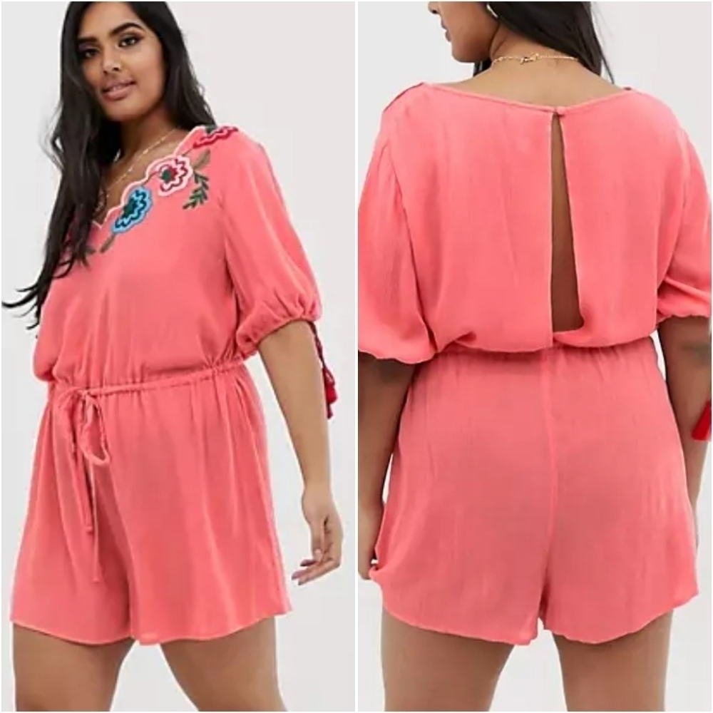 {16} NWT ASOS Curve Embroidered Romper Shorts Tie Waist Tassel Bubble Sleeves
